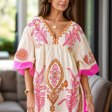 Printed V-Neck Three-Quarter Sleeve Mini Dress - Vickie Lynn's