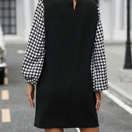 Houndstooth Collared Neck Long Sleeve Mini Dress