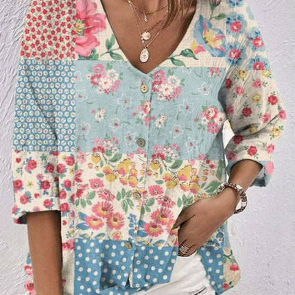 Full Size Printed V-Neck Blouse