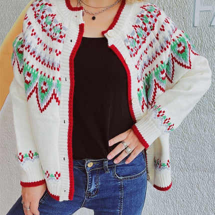 Contrast Geometric Round Neck Long Sleeve Cardigan