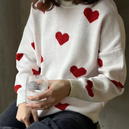 Heart Round Neck Dropped Shoulder Sweater