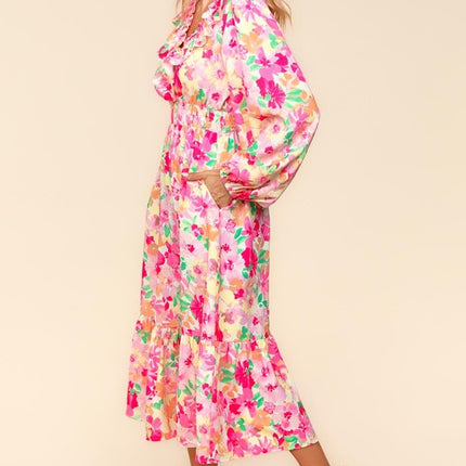 Haptics Full Size Floral Surplice Balloon Sleeve Dress with Side Pockets