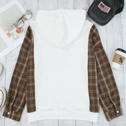 Waffle Knit Plaid Long Sleeve Kangaroo Pocket Hoodie