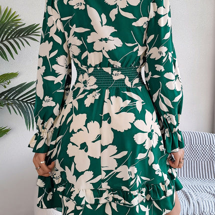 Tied Ruffled Printed Long Sleeve Dress
