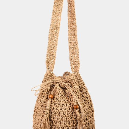 Fame Straw Braided Drawstring Tote Bag with Tassel