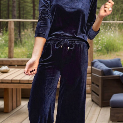 Velvet Round Neck Long Sleeve Top and Drawstring Pants Lounge Set