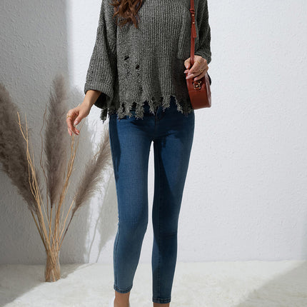 Distressed Round Neck Drop Shoulder Sweater