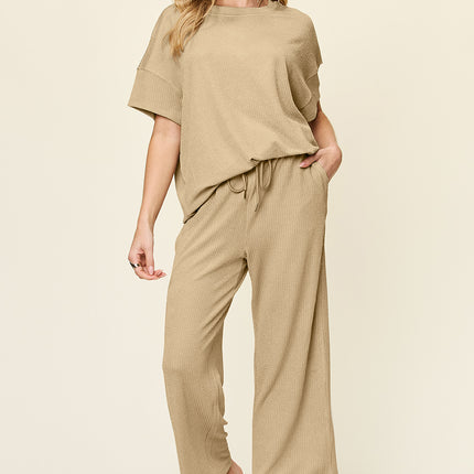Double Take Full Size Texture Round Neck Short Sleeve T-Shirt and Wide Leg Pants
