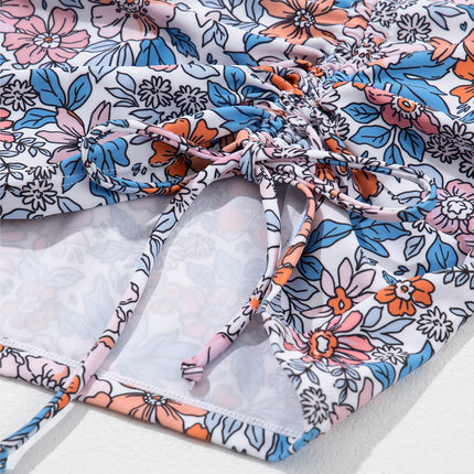 Drawstring Printed Wide Strap Swim Dress