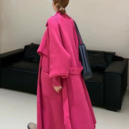 Autumn And Winter New Elegant Belt Knitted Trench Coat For Women