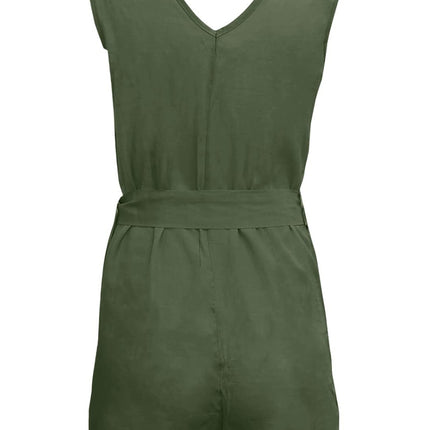 Full Size Tied V-Neck Sleeveless Romper with Pockets