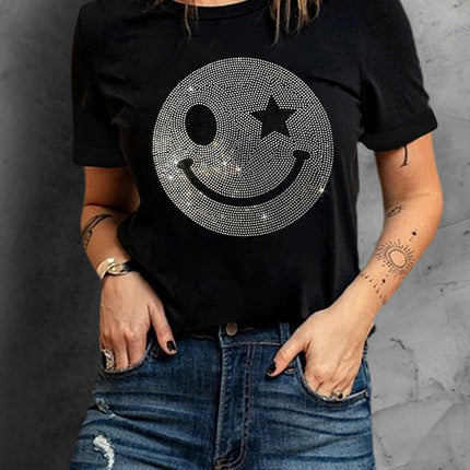 Rhinestone Smiley Round Neck Short Sleeve T-Shirt