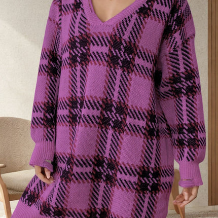 Distressed Plaid V-Neck Long Sleeve Sweater Dress