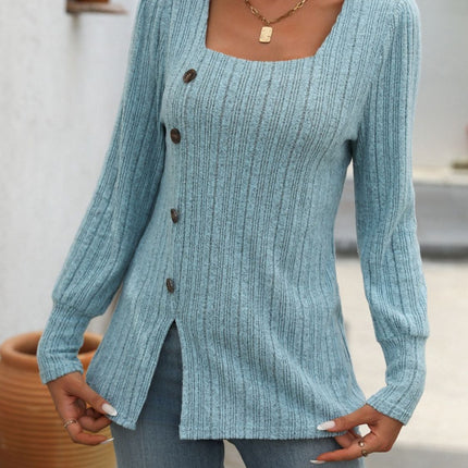 Decorative Button Striped Square Neck Long Sleeve T-Shirt