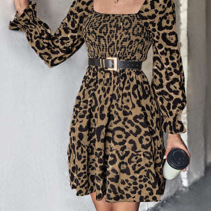 Leopard Smocked Flounce Sleeve Mini Dress