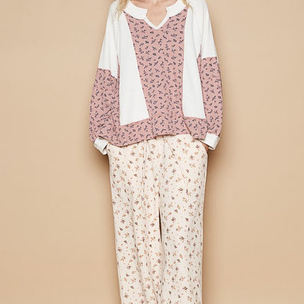 POL Waffle Knit Floral Notched Long Sleeve Top