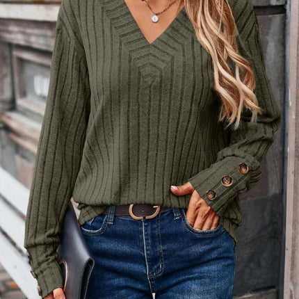 Ribbed V-Neck Long Sleeve T-Shirt