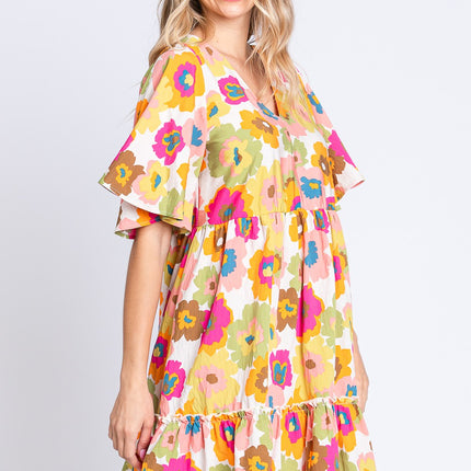 GeeGee Full Size Floral V-Neck Ruffle Trim Mini Dress