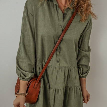 Tiered Collared Neck Balloon Sleeve Shirt Dress