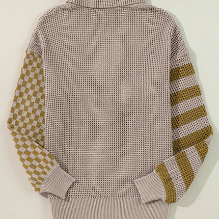 Striped & Checkered Turtleneck Dropped Shoulder Sweater