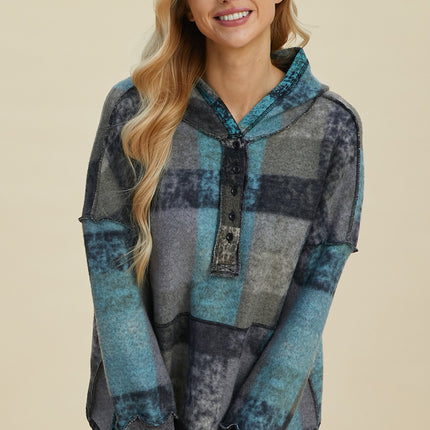 Double Take Full Size Plaid Dropped Shoulder Fleece Hoodie