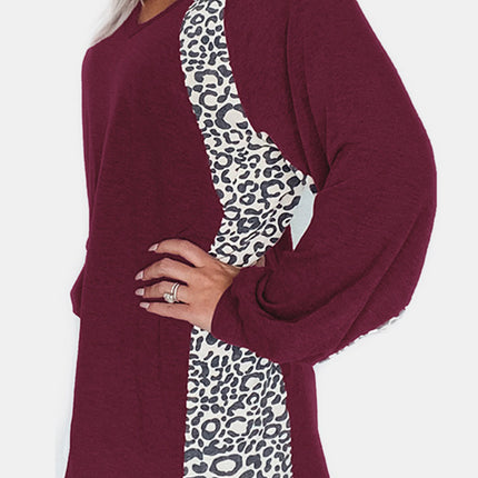 Full Size Leopard V-Neck Long Sleeve T-Shirt