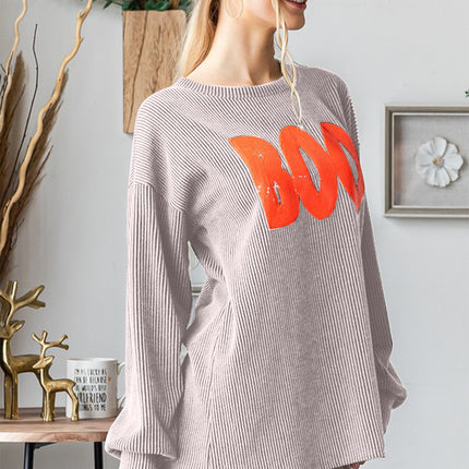 Heimish BOO Round Neck Long Sleeve Ribbed T-Shirt