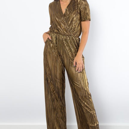 Be Stage Surplice Short Sleeve Pleated Foil Jumpsuit