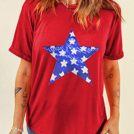 Sequin Star Round Neck Short Sleeve T-Shirt