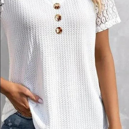 Waffle-Knit V-Neck Short Sleeve Top