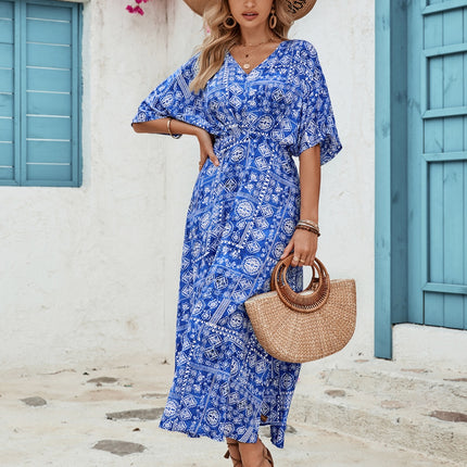 Slit Printed V-Neck Half Sleeve Dress