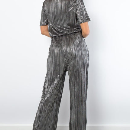 Be Stage Surplice Short Sleeve Pleated Foil Jumpsuit