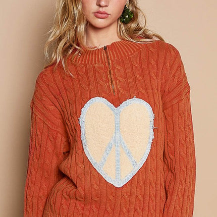 POL Cable-Knit Peace Patch Dropped Shoulder Sweater