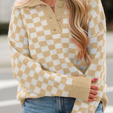 Checkered Collared Neck Long Sleeve Sweater