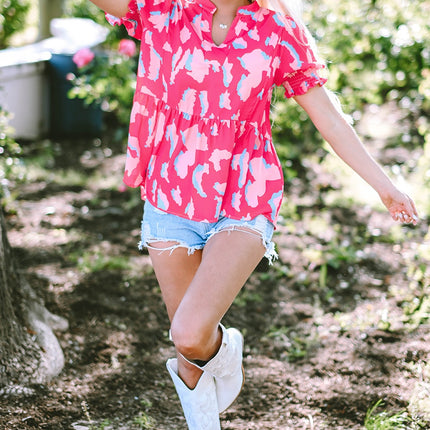 Peplum Printed Notched Short Sleeve Blouse