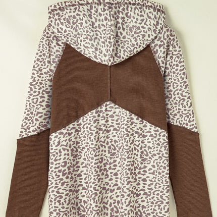 Leopard Ribbed Patchwork Drawstring Hoodie