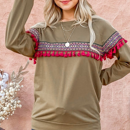 And The Why Ethnic Ribbon Tassel Trim Top