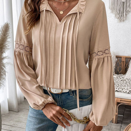 Perfee Frill Tie Neck Long Sleeve Blouse