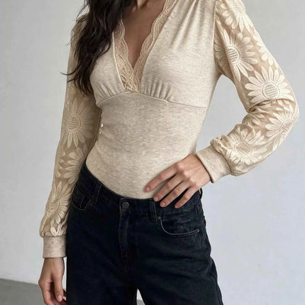 V-Neck Lace Trim Floral Mesh Sleeve Bodysuit