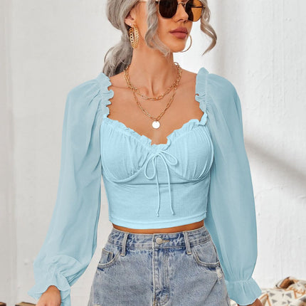 Mesh Sweetheart Neck Flounce Sleeve Top