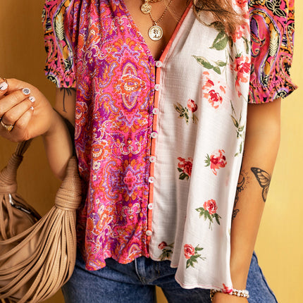 Printed V-Neck Short Sleeve Blouse