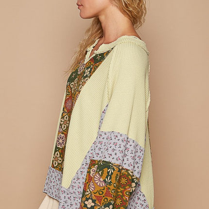 POL Exposed Seam Printed Notched Raglan Sleeve Knit Top