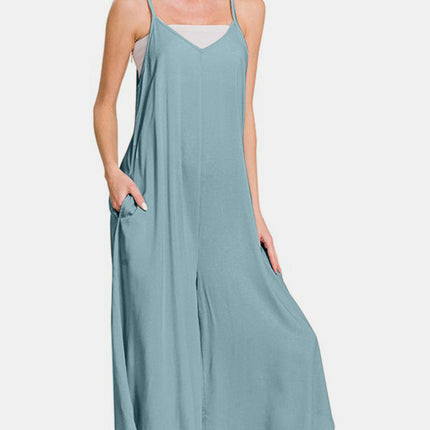 Zenana Spaghetti Strap Wide Leg Overalls with Pockets