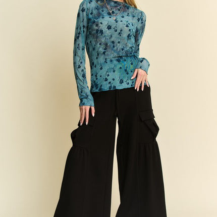 Davi & Dani Drawstring Ruched Detail Wide Leg Pants