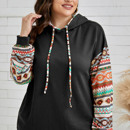 Plus Size Waffle-Knit Geometric Dropped Shoulder Hoodie