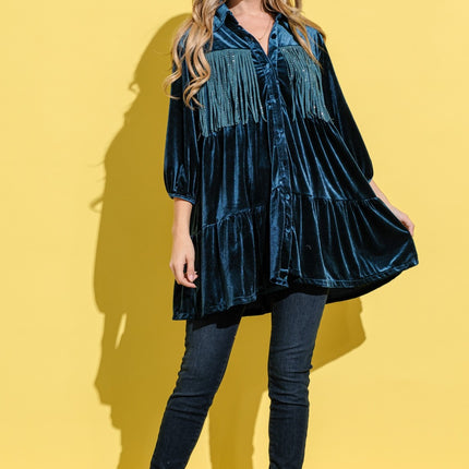 And The Why Fringe Detailed Velvet Shirt Dress