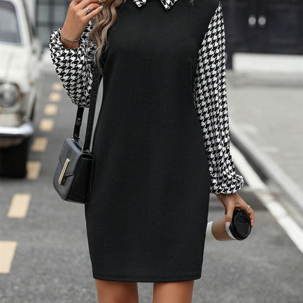 Houndstooth Collared Neck Long Sleeve Mini Dress