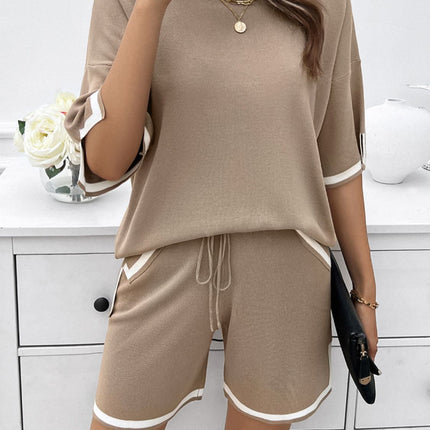 Contrast Trim Round Neck Top and Shorts Set