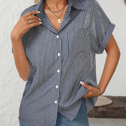 Mandy Pocketed Striped Collared Neck Short Sleeve Shirt