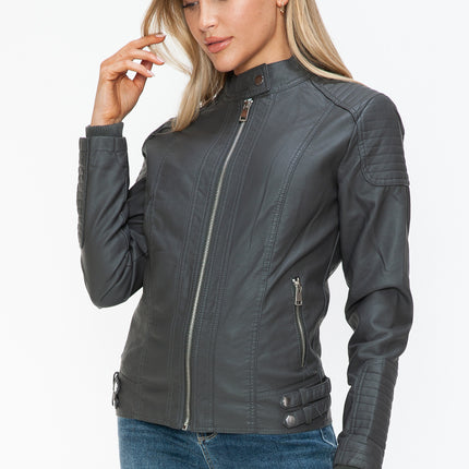 Snobbish Faux Leather Biker Jacket with Side Zip Pockets